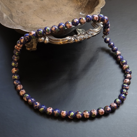 Vintage Chinese Cloissone Blue And Pink Floral Beaded Sterling Silver Clasp